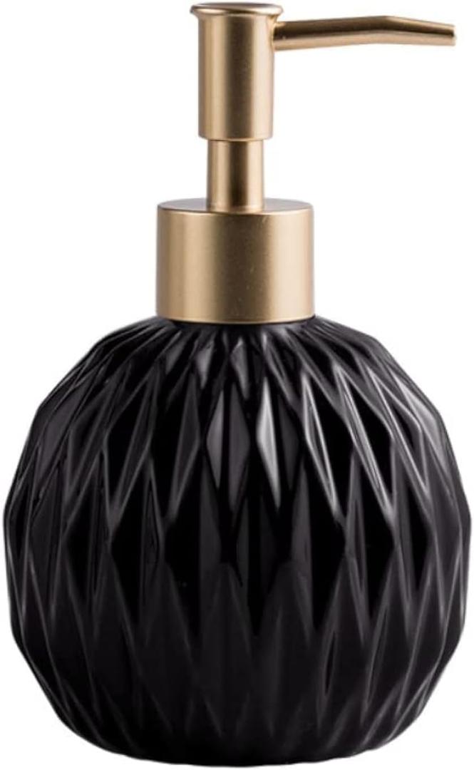 Ceramics Gold Soap Dispenser for Bathroom, Round Soap Dispenser with Delicate Embossed Rhombus Design (Black)