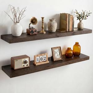 Dreamland 36 Inch Long Floating Shelves Set of 2, Rustic Solid Elm Wood Floating Shelf Wall Mounted, 8 Inch Deep Wooden Wall Shelves for Living Room, Bedroom, Bathroom, Kitchen, Walnut, Flat Edge - 36"L