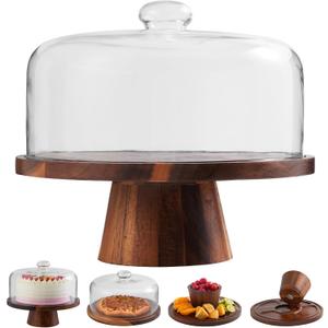 Acacia Wood Cake Stand with Glass Lid  12" Magnetic Base, Detachable Serving Tray for Cake, Cheese, Charcuterie, Snacks & Desserts  Wooden Cake Holder for Parties & Kitchen Display