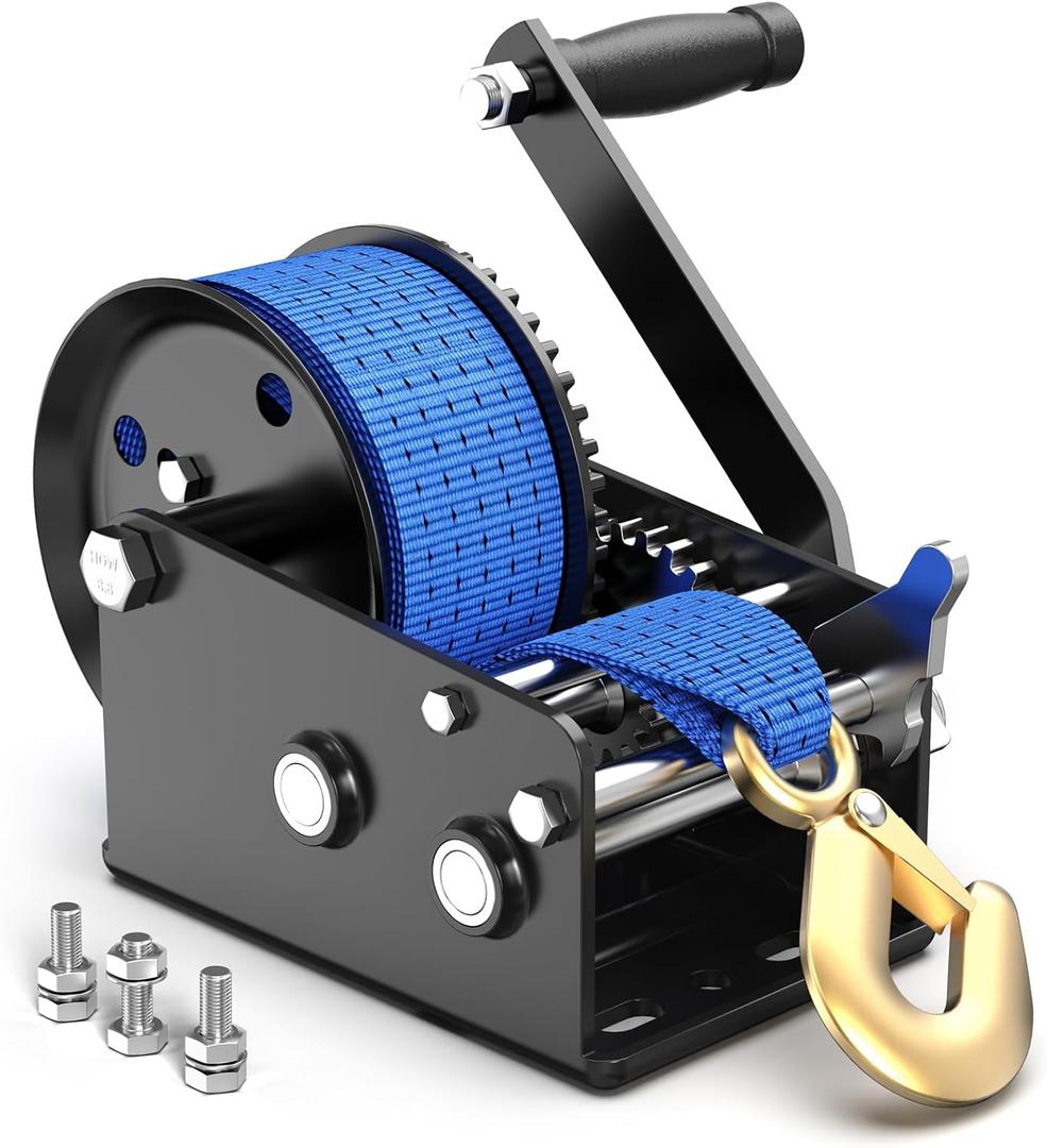 3500LBS Boat Trailer Winch Hand Crank, 33FT Polyester Strap, Dual-Speed 4:1/8:1 Gear & 2-Way Ratchet, Corrosion-Resistant for Marine ATV Jet Ski RV Utility