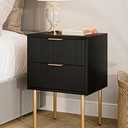 Masupu Nightstand, Mid-Century Modern Bedside Table with 2 Storage Drawer, Small Gold Frame Side End Table for Bedroom, Living Room, Black