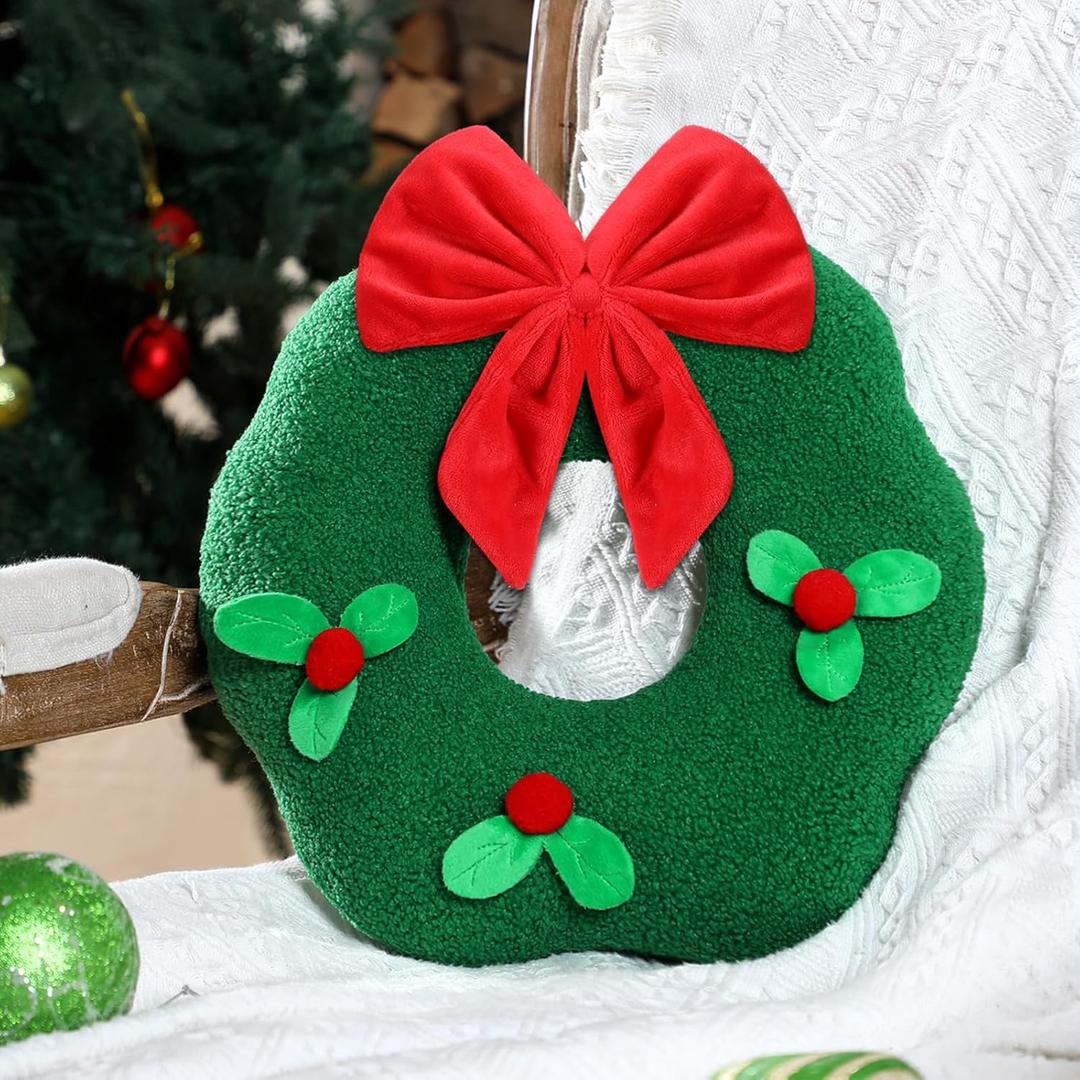 Marsui Christmas Wreath Pillow 13 Inch, Soft Plush Xmas Decorative Throw Pillow for Couch, Sofa, or Bed, Christmas Shaped Cushion for Home Xmas Holiday Decor and Party Decoration