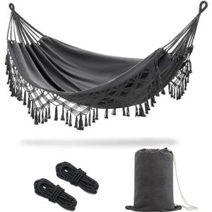 JoyView Boho Macrame Double Hammock with Hanging Ropes & Elegant Tassels 86.6x59 Portable Cotton Hammock for Patio Backyard Porch 450LBS Weight Capacity Perfect for Outdoor/Indoor - Dark Grey