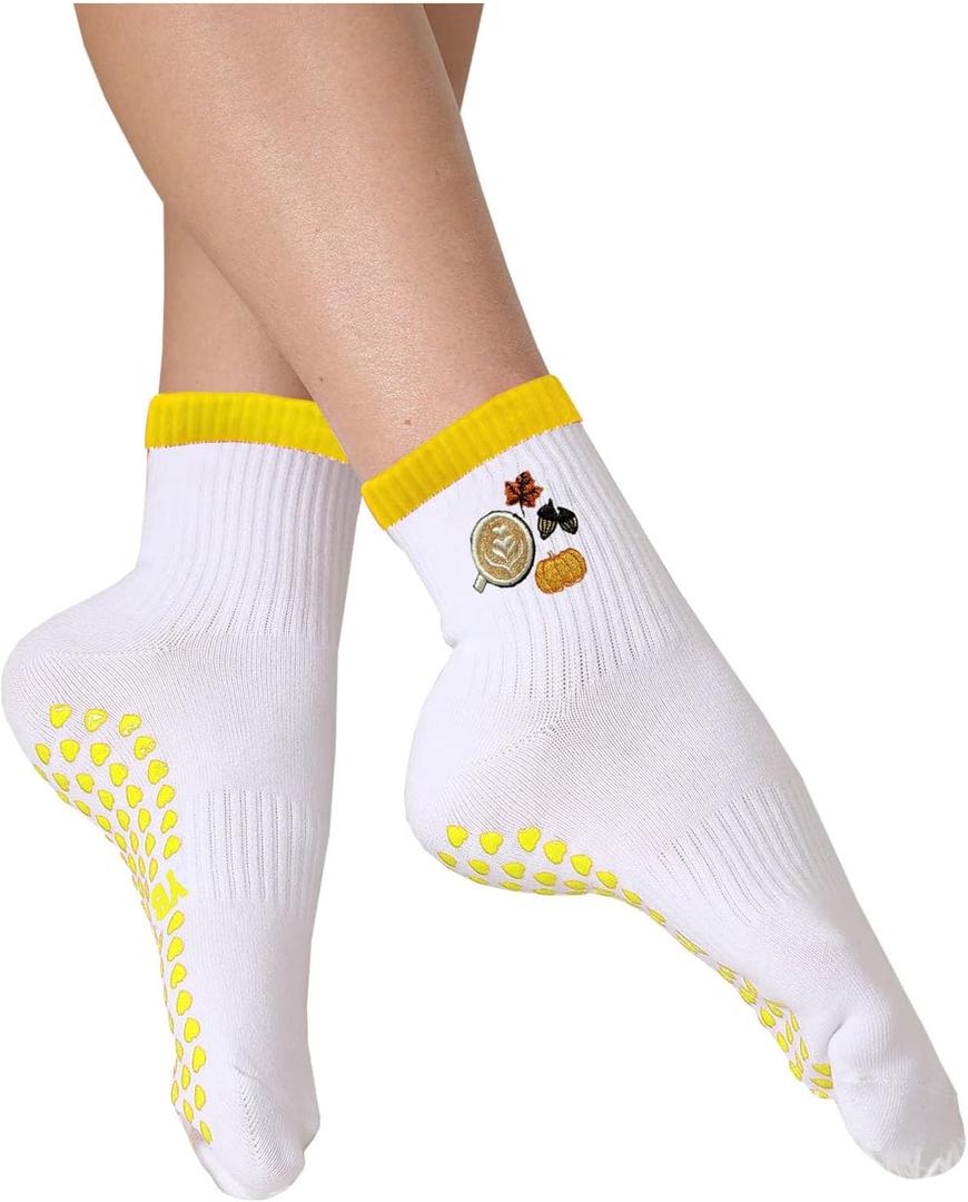 Women's Cute Grip Pilates Socks Non-Slip Crew Yoga Barre Socks with Colored cuff & Embroidery (White)