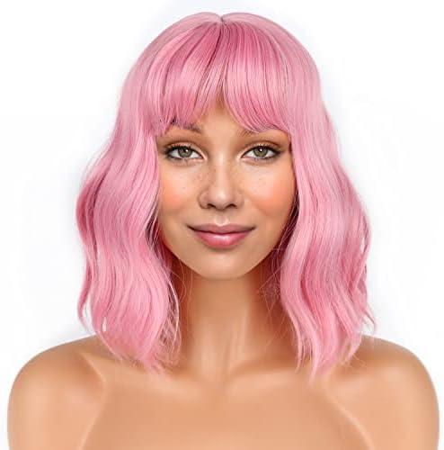 LANICE Short Bob Pink Wigs with Bangs for Women Loose Wavy Hair Shoulder Length Wigs Synthetic Colorful Wigs for Cosplay Daily Party Use(Pink, 12inch)