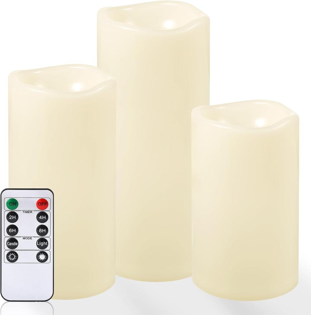 NURADA Large Outdoor Flameless Candles 6" 8" 10" x 5" - Waterproof LED Pillar Flickering Candle Battery Operated with Timer Remote for Patio Porch Lanterns - Ivory White Set of 3