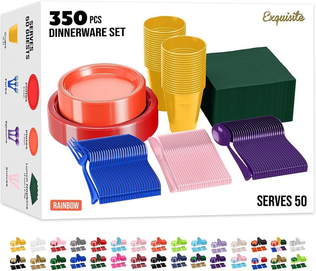 350 Pcs Rainbow Plastic Plates For Party, Rainbow Disposable Plates Set, 50 Of Each 9" Dinner Plate Set, 7" Dessert Plate, Cups, Napkins & Cutlery Plastic Dinnerware Party Solids