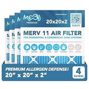 20x20x2 Air Filter (4-PACK) | MERV 11 | MOAJ Premium Allergen Defense | BASED IN USA | Pleated Replacement Air Filters for AC & Furnace Applications | Actual Dimensions: 19.70” x 19.70” x 1.75” (in.)