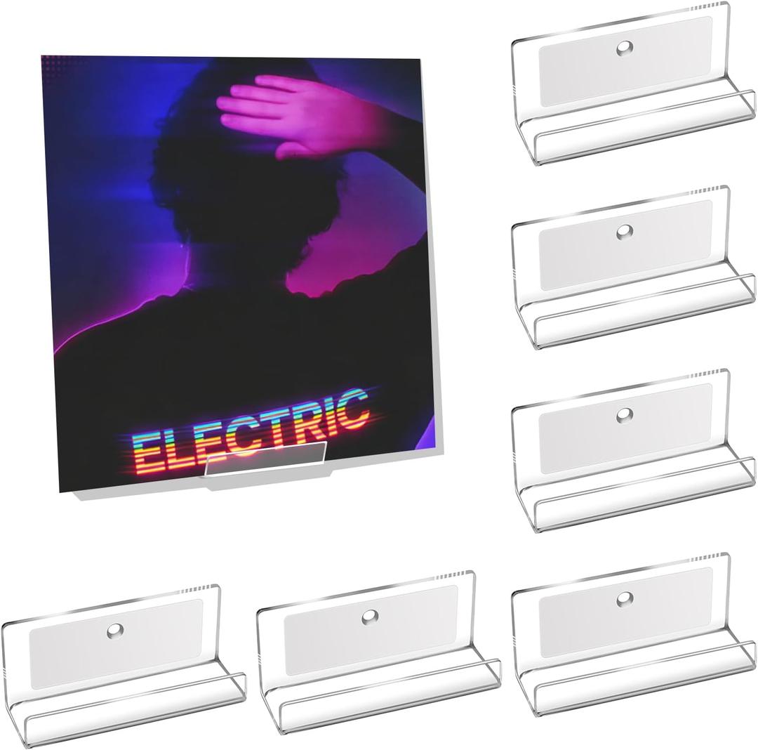 Kalami 6 Pack Vinyl Record Holder Wall Mount Self Adhesive, Acrylic Record Shelf Display Racks for LP Album Covers CD Book Pictures Frame