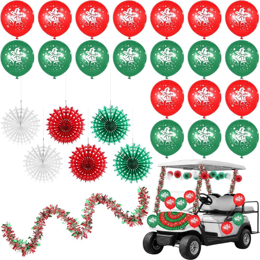 29 Pcs Christmas Golf Cart Decoration Kit with Semicircular Flag Red Green Snowflake? Paper Fans Balloon Ribbon and Tape for Christmas Parades, Parties & Home Decor