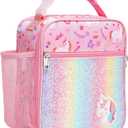 Bagseri Kids Lunch Box for Girls - Insulated Toddler Lunch Bag Fits Bento Box, Reusable Daycare Cooler Tote with Clip Handle, Water-Resistant Lining, Glitter Pink Unicorn (Standard Clip-On Series)