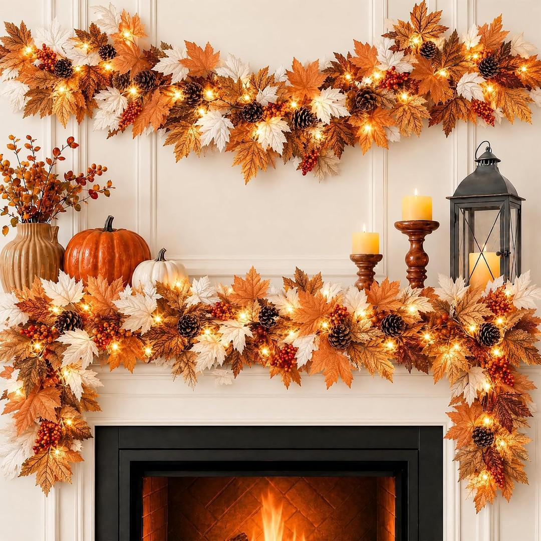 6ft Fall Garland with LED Lights - Maple Leaf Fall Decor for Fireplace
