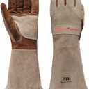 Cowhide BBQ Welding Gloves, Long Sleeve Fireproof and Heat Resistant Mitts for Barbecue, Firefighting, Fireplace, Oven (Large, Coffee)