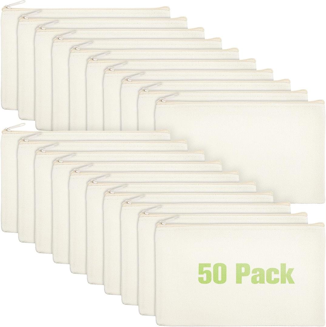 Frienda 50 Pcs Canvas Zipper Pouch Bulk Small Blank Pencil Pouch Multipurpose Makeup Bag Cosmetic Toiletry Bag for DIY Craft Graduation Teacher Appreciation Stationary Gift(Beige Zipper)