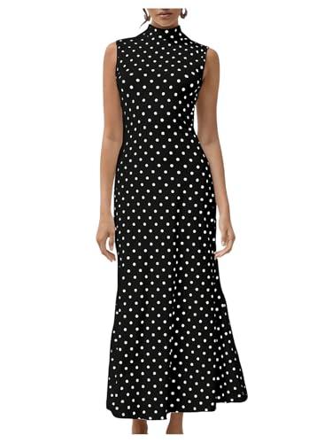 Milumia Women's Polka Dots Maxi Tank Dress Vintage Mock Neck Sleeveless Elegant Long Dresses Black Medium