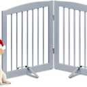 PUPETPO Freestanding Pet Gate for Dogs, Foldable Wooden Dog Gate for House, Indoor Pet Barrier for Stairs, Doorways, Support Feet Included, 24" Height 2 Panels, Grey