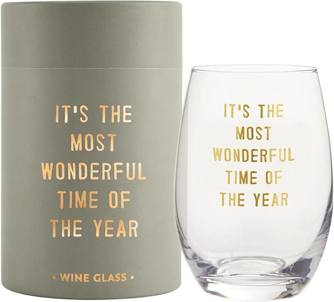 Santa Barbara Design Studio Holiday Stemless Wine Glass with Gold Foil Accent and Gift Box, 17-Ounce, Wonderful Time