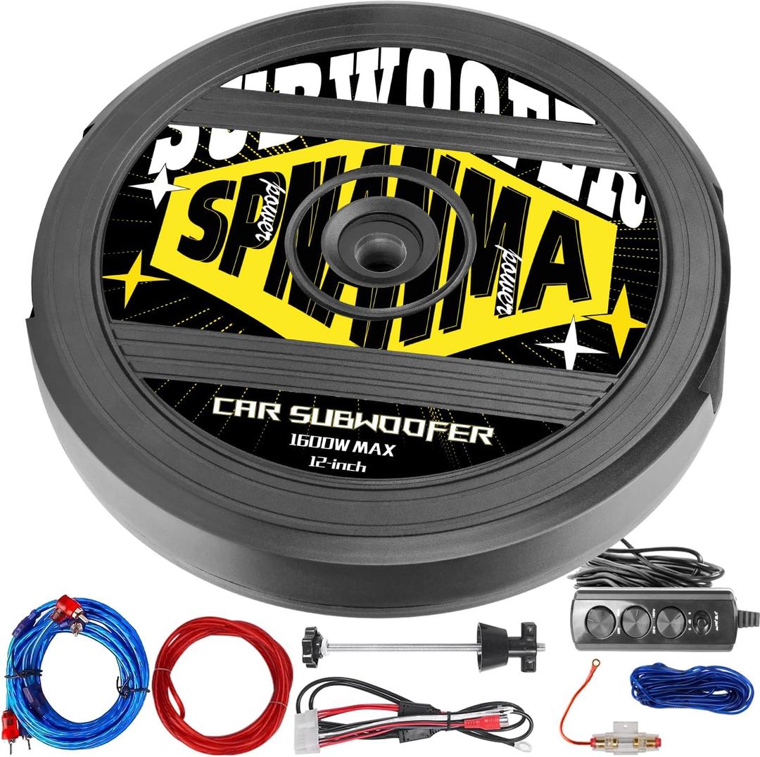 1600W 12" Spare Tire Subwoofer with Built-in Amp, Anti-Theft Hidden Design, 400W RMS Deep Bass Car Subwoofer, Easy Install Powered Subwoofer for Car Audio, Fits 15"/16"/17" Wheels