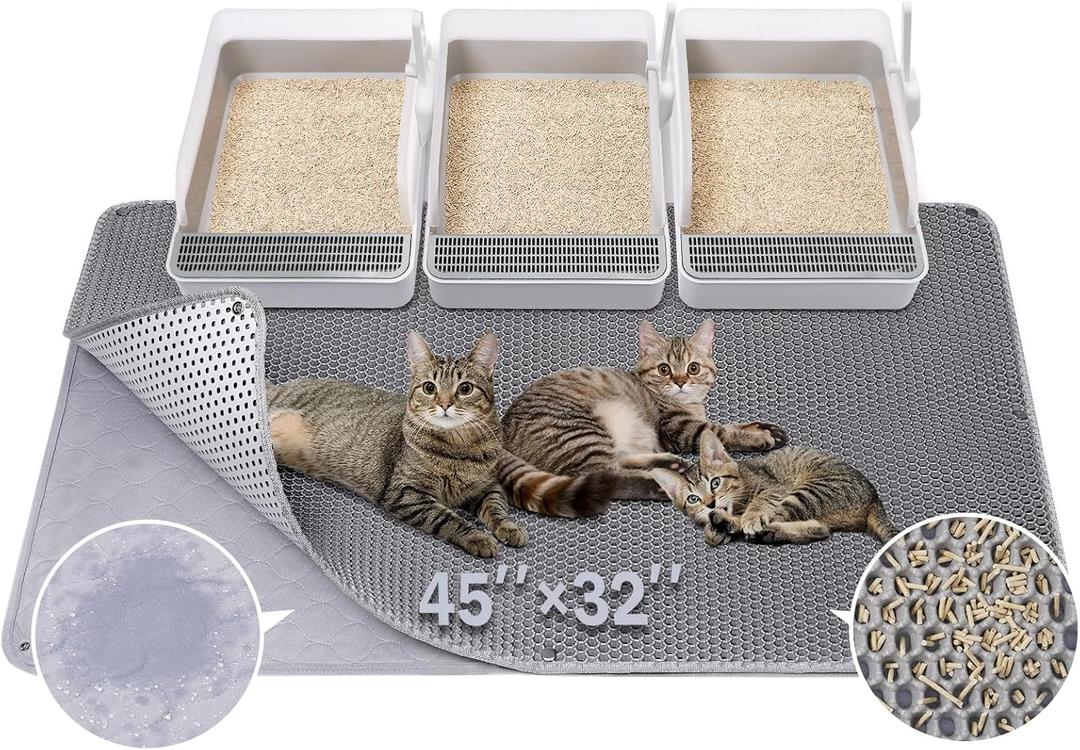 BurgeonNest 45"x32" Extra Large Cat Litter Mat, Honeycomb Double Layer Kitty Litter Trapping Mat, Urine Proof & Waterproof, Easy Clean, Machine Washable, Non-Slip, Scatter Control-Grey