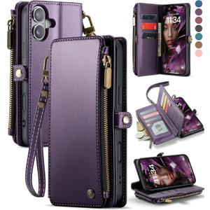 Defencase Compatible with iPhone 17 Case Wallet with RFID Blocking Card Holder for Women and Men, Fashion PU Leather Magnetic Snap Flip Zipper Strap Wallet Phone Case for iPhone 17 6.3", Purple