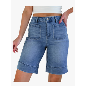 luvamia Bermuda Shorts for Women High Waisted Trendy Patch Pocket Casual Vintage Long Stretchy Denim Shorts Summer Jorts size S