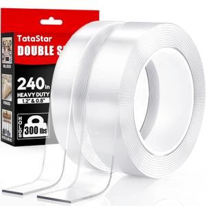 Double Sided Tape Heavy Duty (2 Rolls, 20 Feet) - Removable Waterproof Nano Mounting Filament Tape, 1.2" & 0.8" Width for Picture Hanging, Wall Decor, Posters, Carpets, Rugs - Indoor & Outdoor Use.