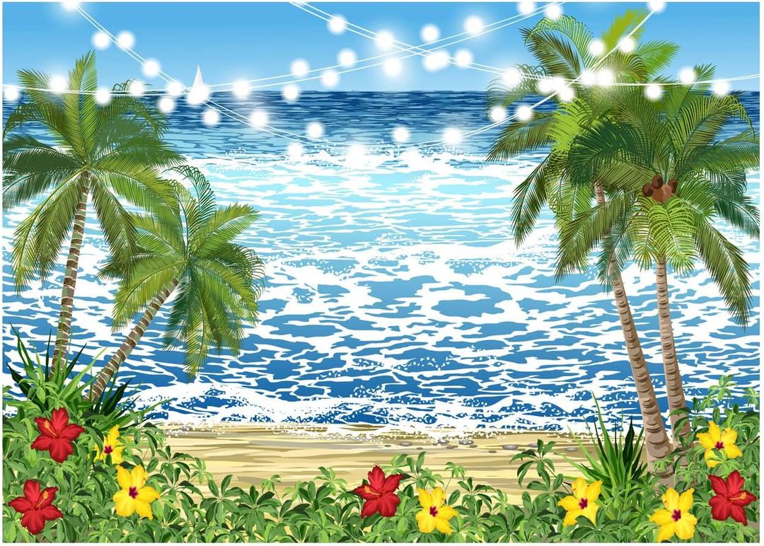 7x5FT Summer Beach Backdrop Tropical Flower Palm Tree Seaside Landscape Decoration Backdrop Storm Sea Wave Illustration Light String Backdrop Wedding Baby Shower Backdrop XY22 7x5FT Summer Beach Backdrop Tropical Flower Palm Tree Seaside Landscape Decoration Backdrop Storm Sea Wave Illustration Light String Backdrop Wedding Baby Shower Backdrop XY22