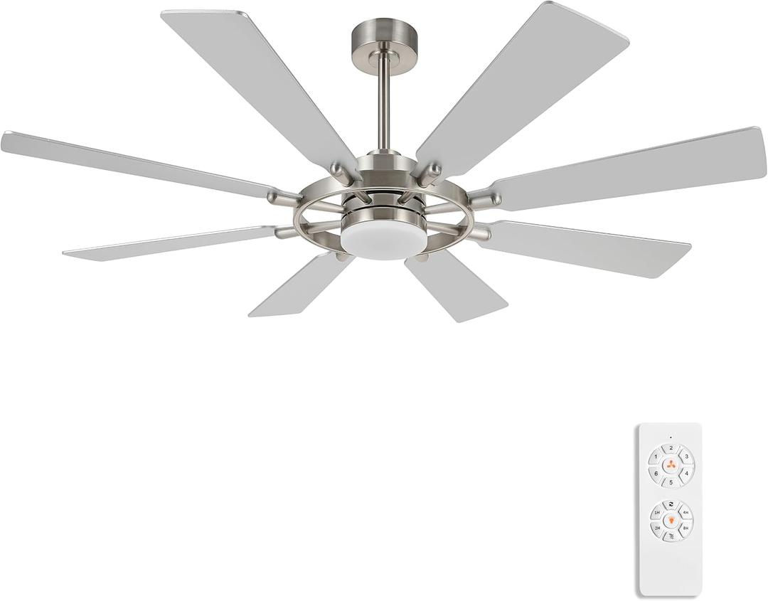 ELEHINSER 80 Inch Ceiling Fan with Lights and 3 Downrods, 8 Plywood Blades, 6-Speed Noiseless Reversible DC Motor, 3CCT, Windmill Ceiling fan for Kitchen Bedroom Living Room, Nickel and Silver