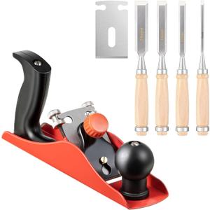 Dreyoo 1Pack No. 4 Adjustable Wooden Hand Plane with 2 Inch Blade & 4PCs 9.5in Wood Chisel for Woodworking with Cap, CR V Steel Beveled Edge Blade Chisel, Professional Carpenter Tools for Woodworking