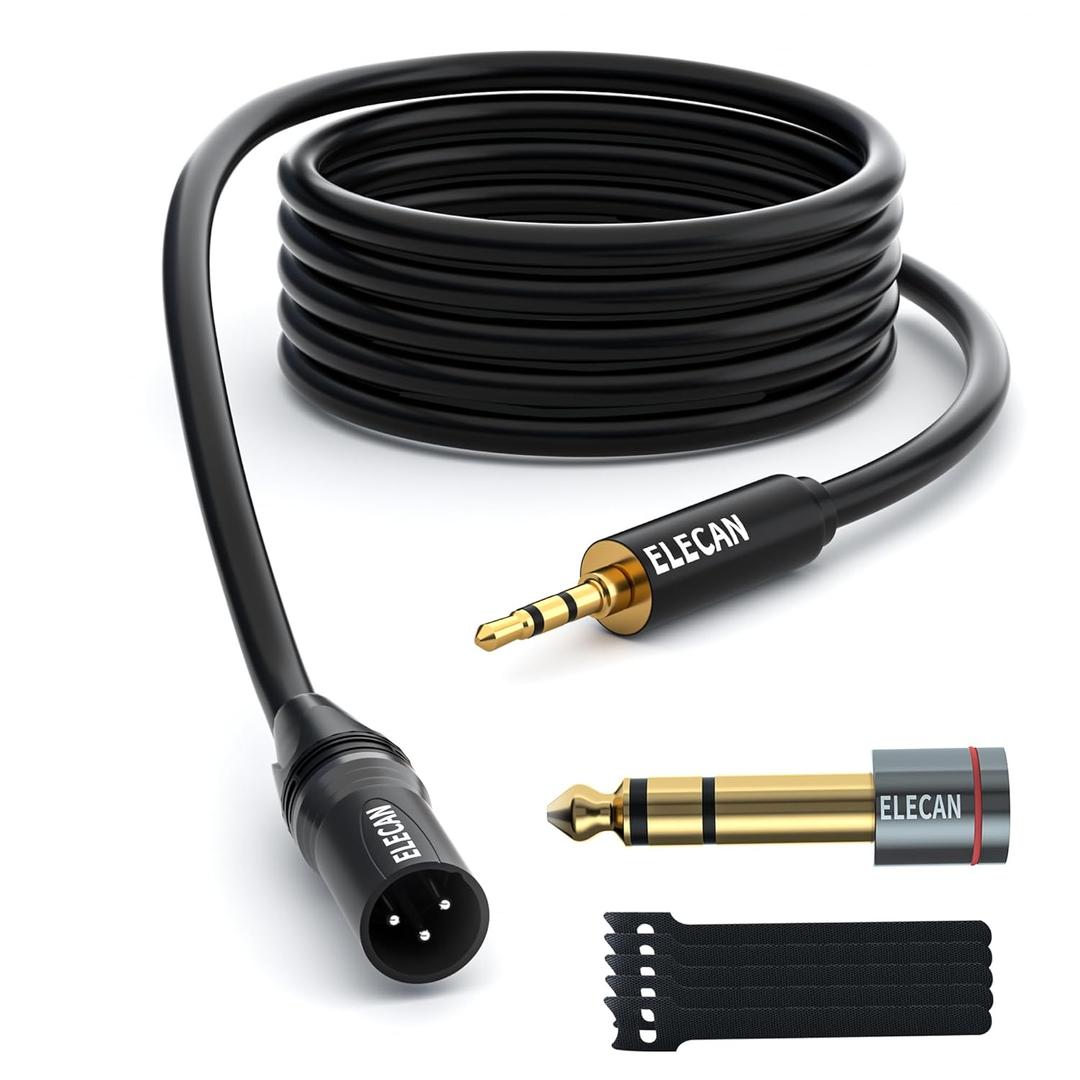 Elecan 3.5mm (1/8 Inch) TRS Aux Male to XLR Male Cable 10 Ft, Balanced Professional Shielded Stereo Microphone Cable Cord, Gold Plated for DSLR Camera Mixer Headphones with 3.5 to 6.35mm Adapter+Ties