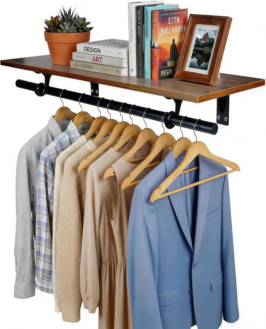 FIRJOY Closet Shelf with Hanging Rod, Heavy Duty (Black, 1 PACK 11.8" x 31.4")