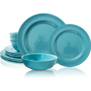 TP 12-Piece Dinnerware Set, Melamine Dishes Set with Bowls and Plates, Non-breakable and Lightweight Dinner Service for 4, Teal