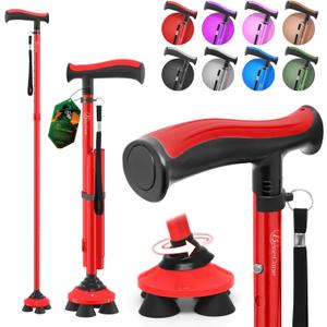 BeneCane Walking Cane for Men & Women Walking Stick for Seniors Folding Canes Quad Cane Adjustable Lightweight Sturdy Collapsible Heavy Duty with Soft TPR T-Handle and Travel Bag (Red)