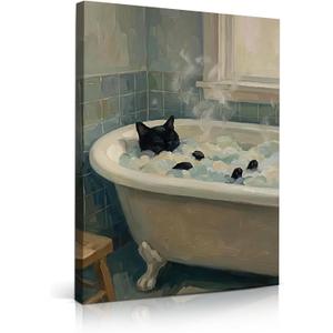 Funny Cat Bathroom Canvas Wall Art Black Cat in Bathtub Wall Decor Green Tiles and Bubble Bath Pictures Cute Whimsical Animal Posters Prints for Bathroom Washroom Restroom 16x24in Framed