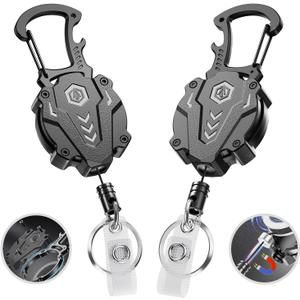 2Pack Heavy Duty Retractable Keychain, Tactical ID Badge Holder Reel Carabiner Clip with Magnetic Closure for Men, Unbreakable Sandwich Construction with 31" Dyneema Cord, Bearing 25oz