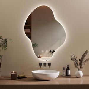 Yeeke Irregular Bathroom Wall Mirror, Asymmetrical LED Bathroom Mirror with Lights, Anti-Fog Backlit Mirror with 3 Color Dimmable Lighting, Light Up Bathroom Vanity Mirror, Vertical 36" H x 27" W