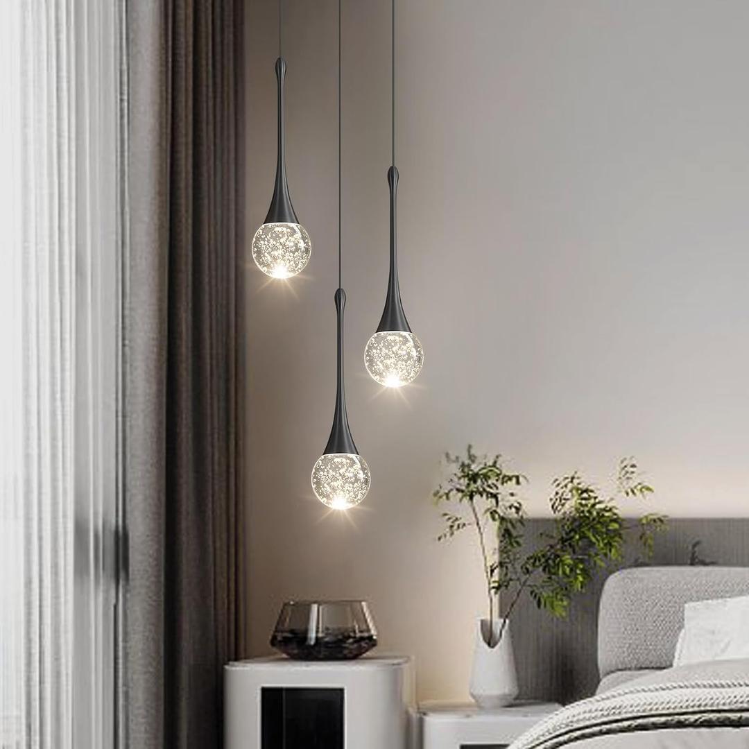 cenzoz 3-Lights Modern Pendant Lights for Kitchen Island LED Dimmable Crystal Glam Ceiling Pendant Lighting Chandelier for Dining Room Hallway Bedroom Corner Lamp Black, 3 Lights Rectangular