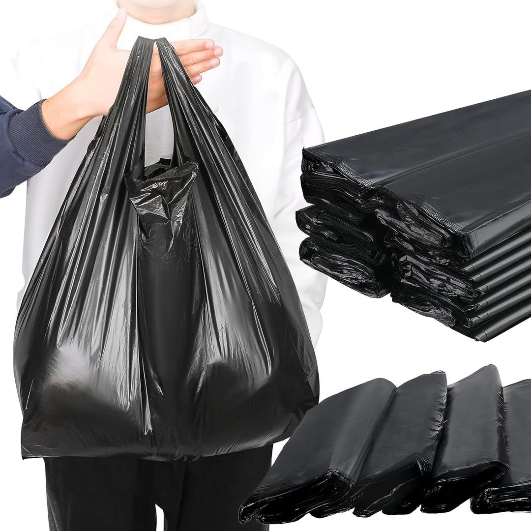 Kisston 400 Count Jumbo Size Plastic T Shirt Bags with Handles, 35 Mic, XX Large Plain Plastic T Shirt Grocery Bags, Thick and Heavy Duty (Black,20" x 12")