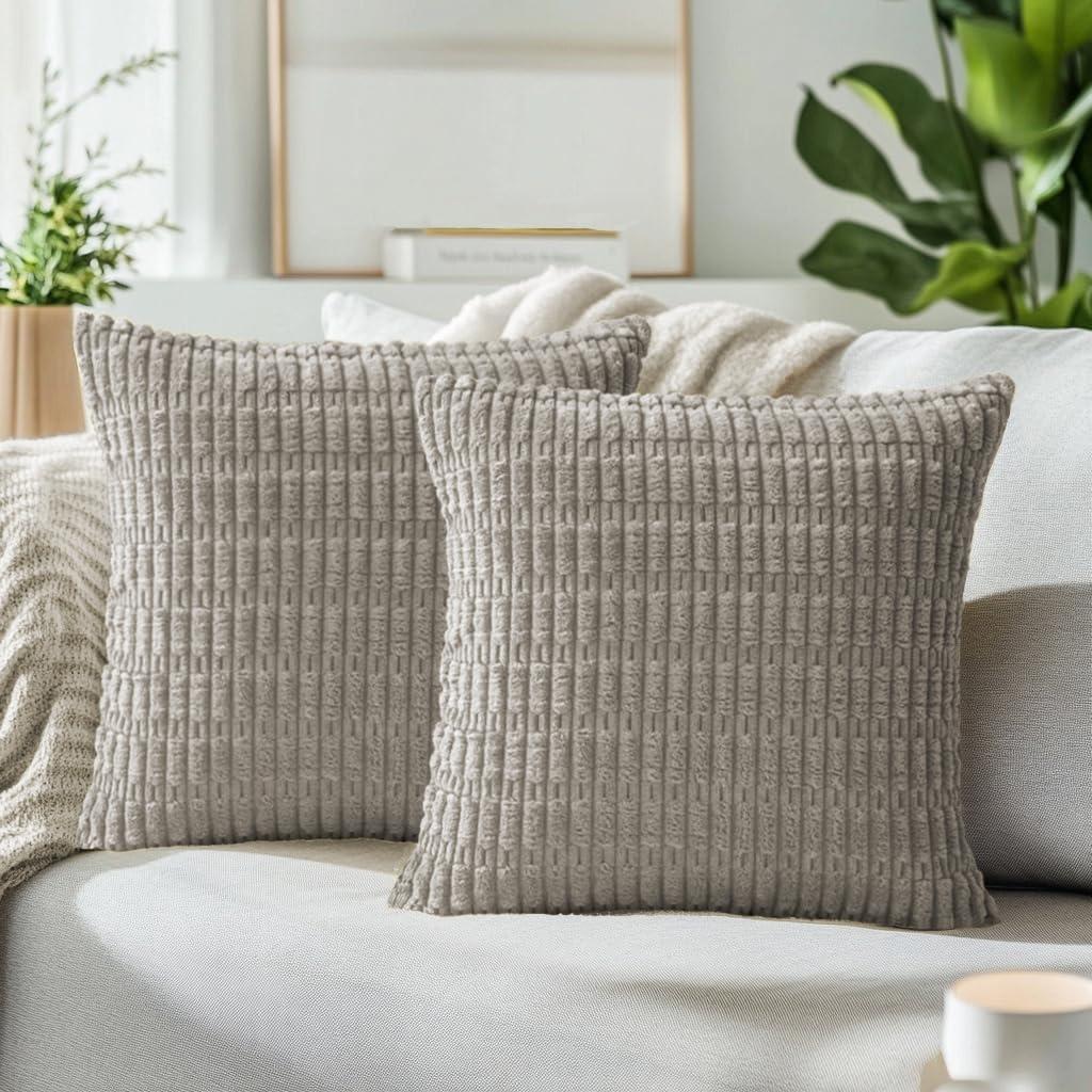 QUORGVES Throw Pillow Covers 18x18 Inch Set of 2 Decorative Farmhouse Rustic Boho Pillows for Sofa Bed Couch Living Room Corduroy Light Grey