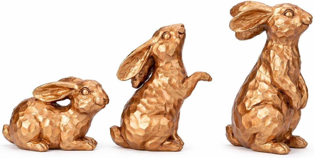 GoGnome Set of 3 Rosy Bronze Easter Decorations Resin Bunny Figurines  Easter Decorations for Home, Elegant Rabbit Decor for Table, Shelf, Mantel (Gold)