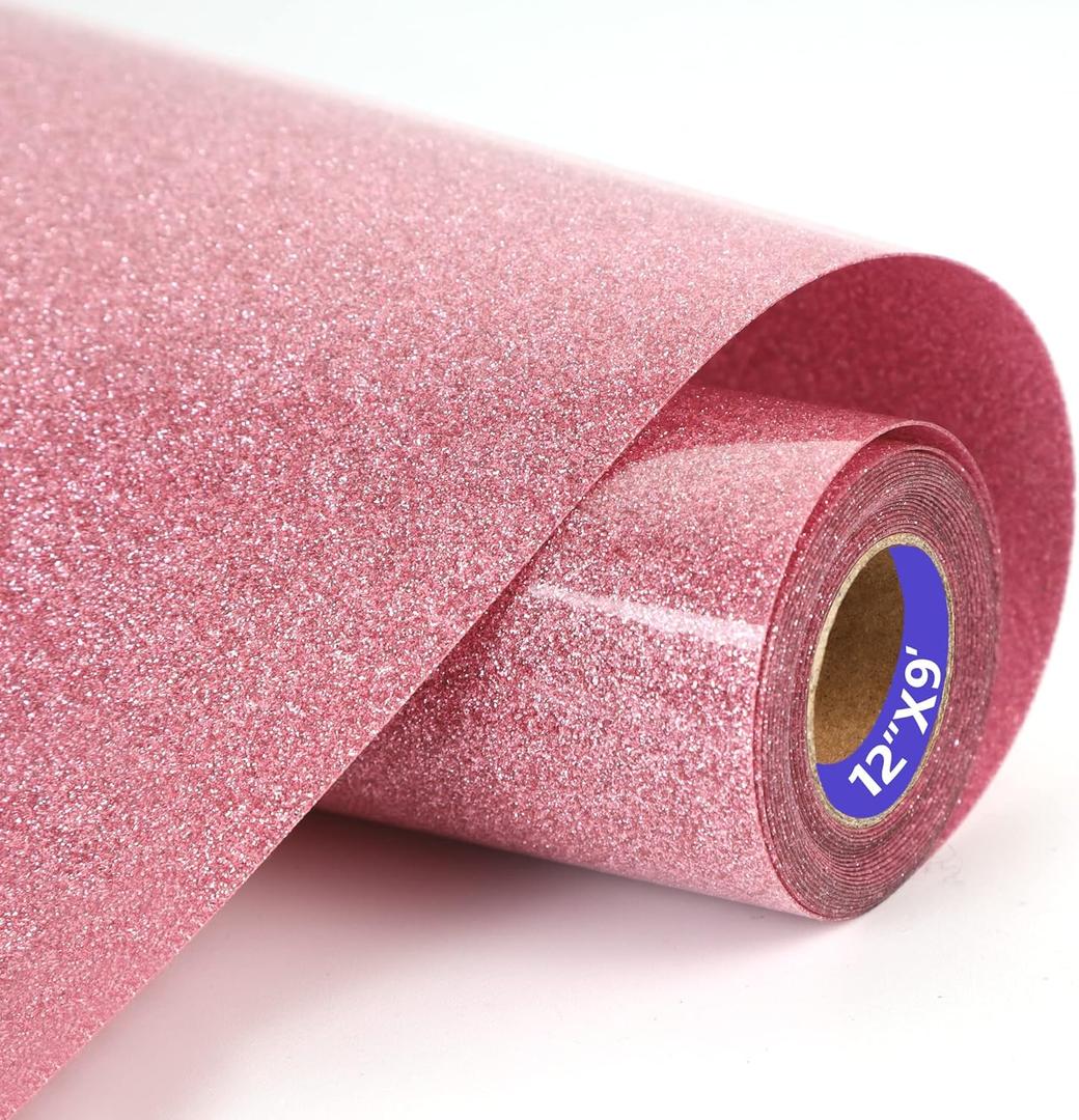 HTVVETUR Pink Glitter Heat Transfer Vinyl - 12" x 9ft Glitter HTV Rolls for Shirts, Iron on Vinyl for Cameo - Easy to Cut & Weed (J009-9ft) (J009 Glitter Pink-9ft)
