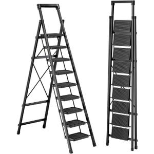 9 Step Ladder with Tray, Portable Step Stool for Adults, Heavy Duty Wide Anti-Slip Sturdy Steel Folding Step Stool Used for Office, Garage, Kitchen & Painting