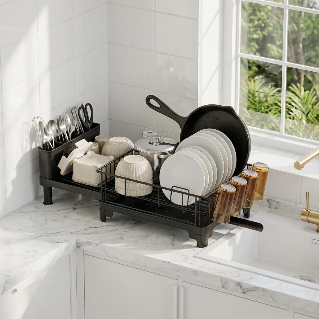 GSlife Large Dish Drying Rack for Kitchen Counter, Expandable Rust Resistant Dish Drainer with Drainboard & Utensil Holder, Adjustable Dish Rack with Vertical Pot Storage, 12.6"W x 18.7"-25.2"L, Black