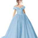 Flower Girl Dress Off Shoulder Pageant Dresses Girls Sparkling Formal Dress Birthday Party Ball Gowns (6, Light Blue)