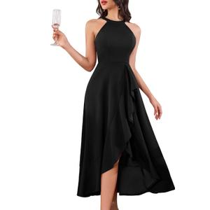 Dressystar Womens 2026 Halter Slit Ruffle Wedding Guest Party Dress Elegant Maxi Long Sleeveless Formal Prom Cocktail Dresses (Black, XL)
