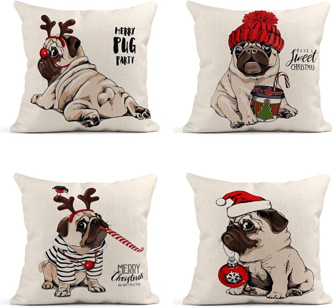 Set of 4 Linen Christmas Pug Throw Pillow Covers 18x18 Inch Dog in Striped Cardigan Horn Deer Home Decor Cushion Covers Square Pillowcases for Sofa Couch