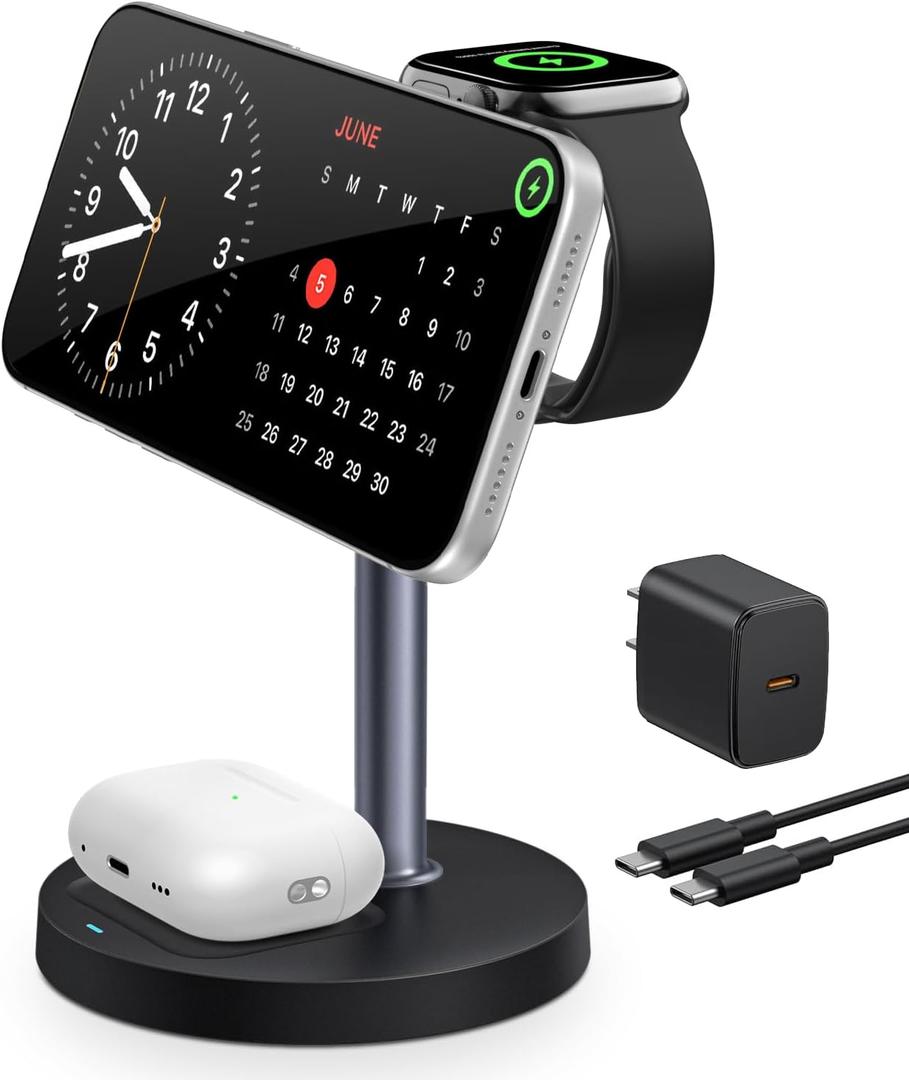 3 in 1 Magnetic Wireless Charging Station, 15W Fast Charger Stand for iPhone, Phone Charger Stand for Desk Nightstand, for iPhone 17/16/15/14/13/12, Apple Watch & AirPods, 18W Adapter Included -Black