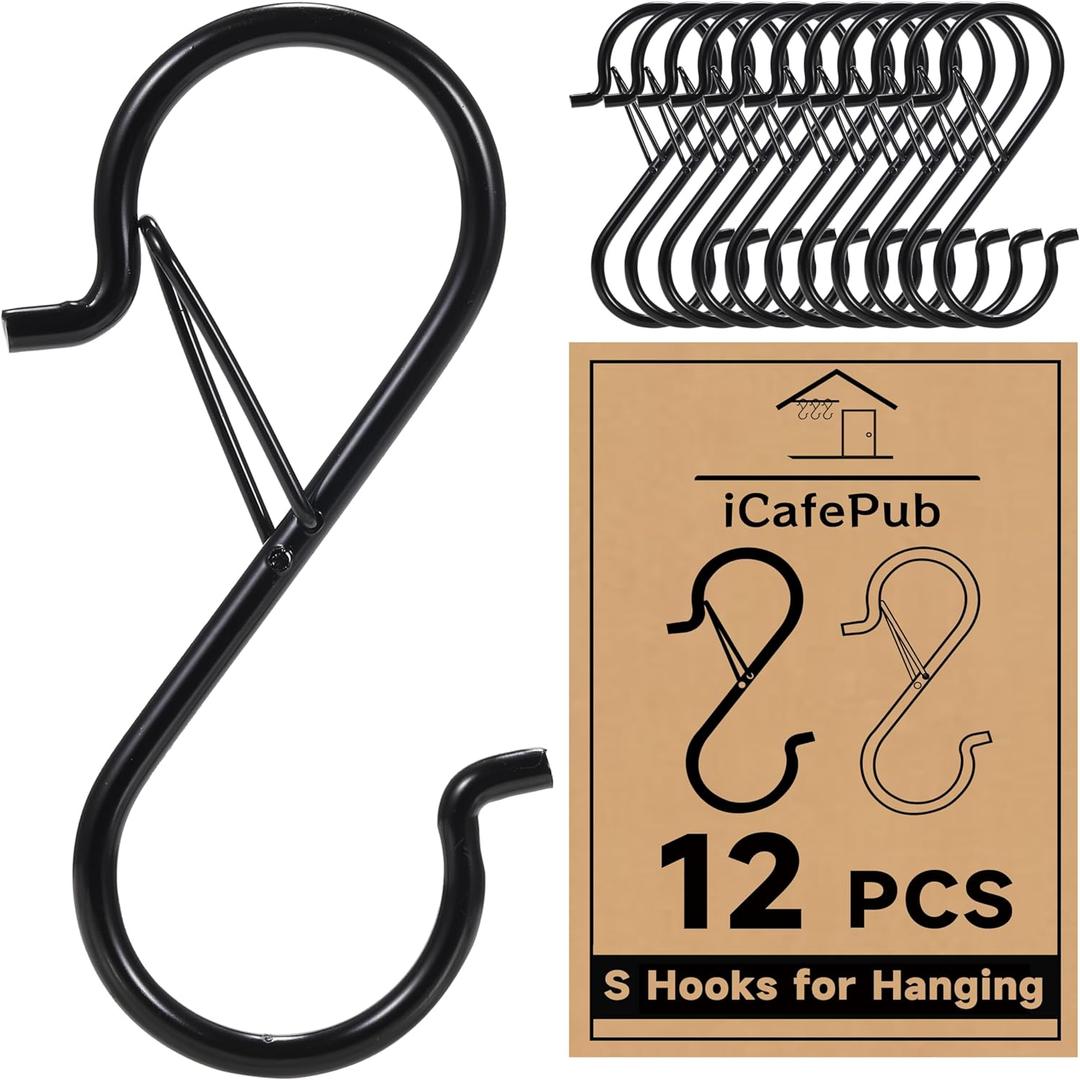 12 PCS S Hooks for Hanging with Safety Buckle, 3.5 inch Heavy Duty Metal S Shaped Hooks for Kitchen Utensil, Cups, Pots, Plants, Bags, Hats (Black)