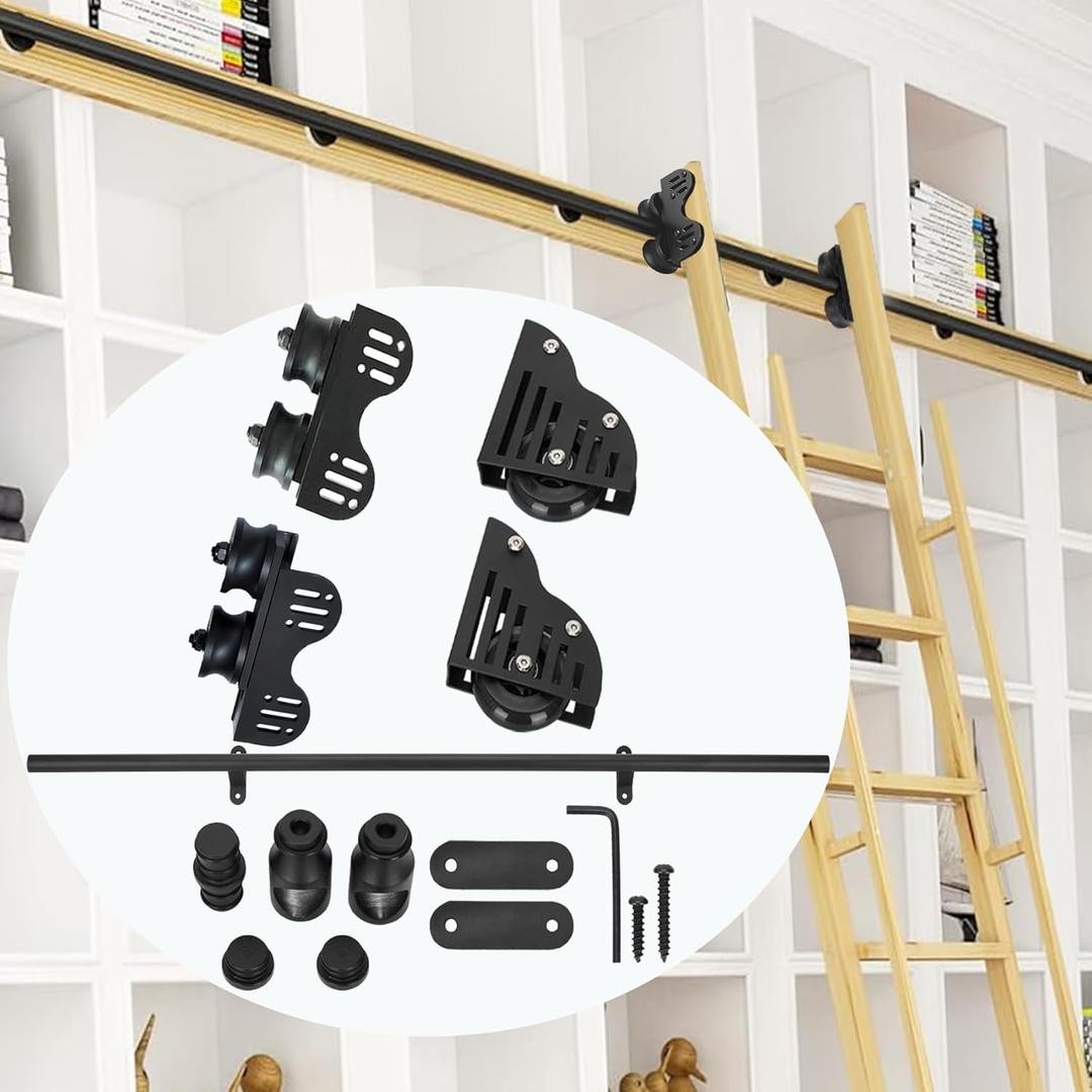 9.9FT Sliding Library Ladder Hardware, Retractable Library Rolling Ladder Hardware kit with Braking Casters, Adjustable Upright, Convenient Storage No Harm to Floors and Carpets, MAX Load 300lb