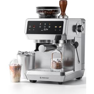AMZCHEF Espresso Machine With Grinder, 190-201 Temp Control Coffee machine with 44 Grind Setting, Milk Frother, Touch Screen, Cold Brew, Sliver